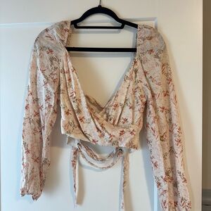 Zara Floral Wrap Blouse - Cream and Brown